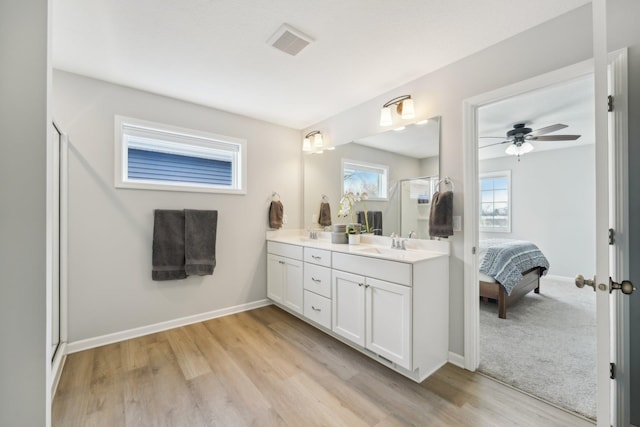 bathroom featuring vanity, hardwood / wood-style flooring, and walk in shower