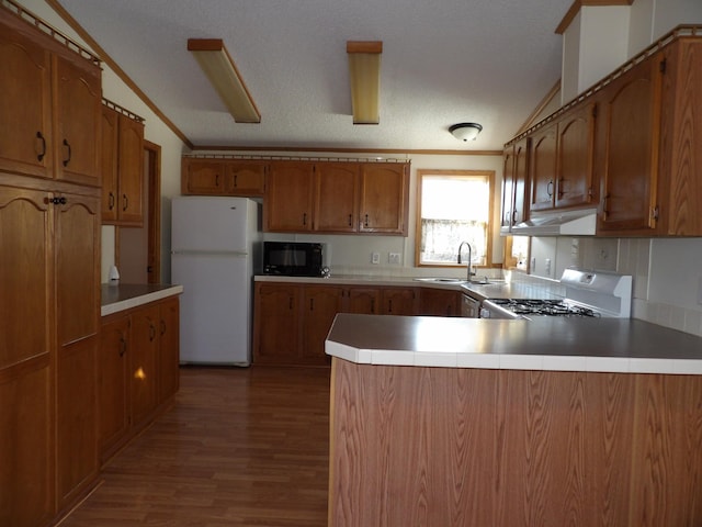 kitchen with range, white refrigerator, sink, kitchen peninsula, and crown molding