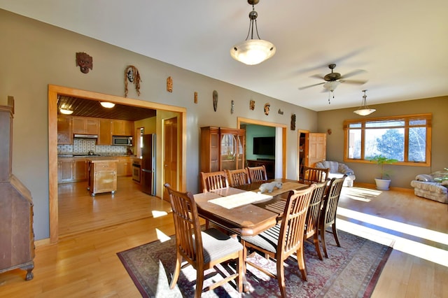 dining area with ceiling fan and light wood-type flooring