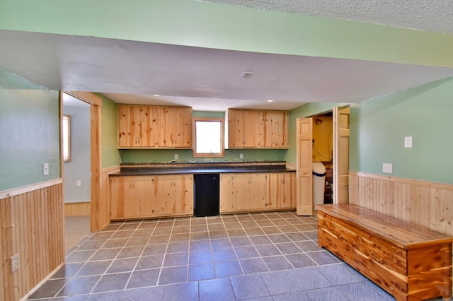 kitchen with light brown cabinets, a textured ceiling, and wood walls