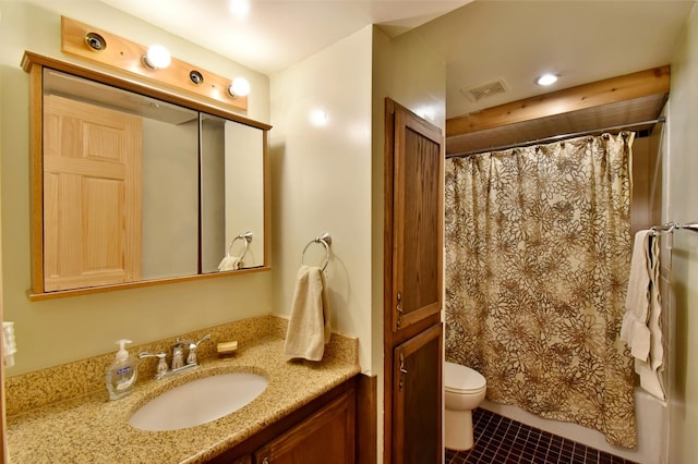 full bathroom with vanity, shower / bath combo, tile patterned floors, and toilet