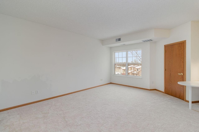 unfurnished room with light colored carpet and a textured ceiling