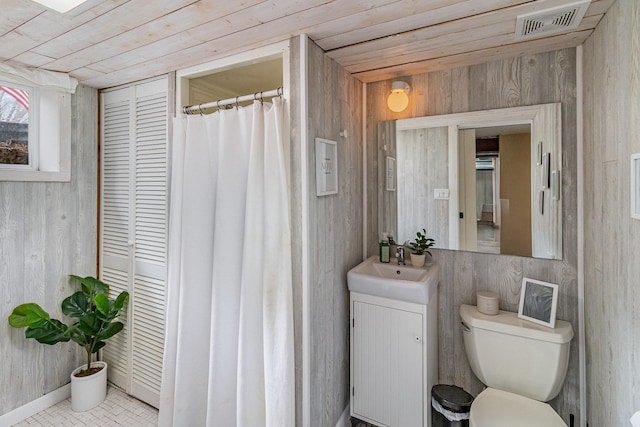 full bath with wooden ceiling, vanity, visible vents, and wooden walls