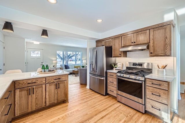 kitchen featuring tasteful backsplash, appliances with stainless steel finishes, and light hardwood / wood-style flooring