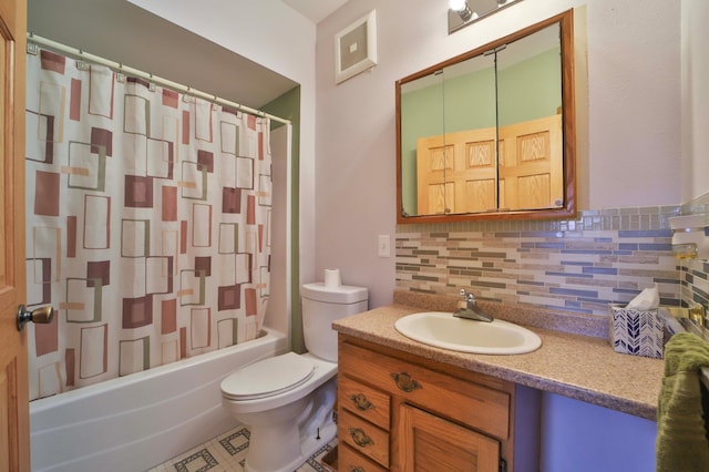 full bathroom featuring toilet, vanity, backsplash, shower / tub combo, and visible vents
