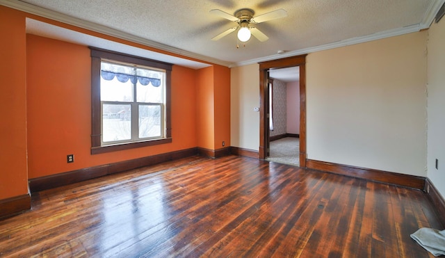 unfurnished room with wood-type flooring, ornamental molding, a textured ceiling, and ceiling fan
