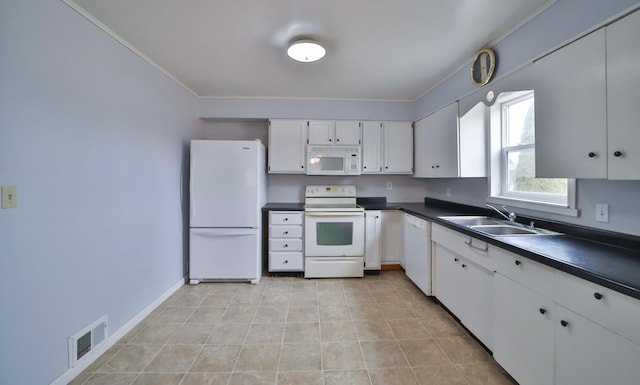 kitchen with white cabinetry, white appliances, a sink, dark countertops, and visible vents