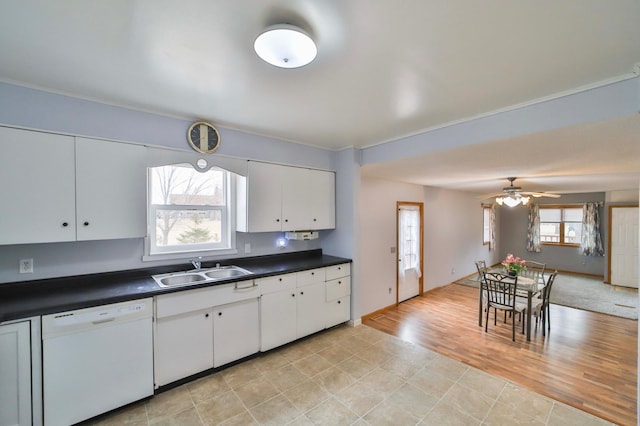 kitchen with a sink, white cabinetry, dishwasher, plenty of natural light, and dark countertops