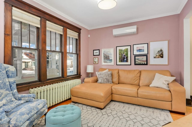 living room featuring crown molding, radiator heating unit, a wall mounted AC, and light wood-type flooring