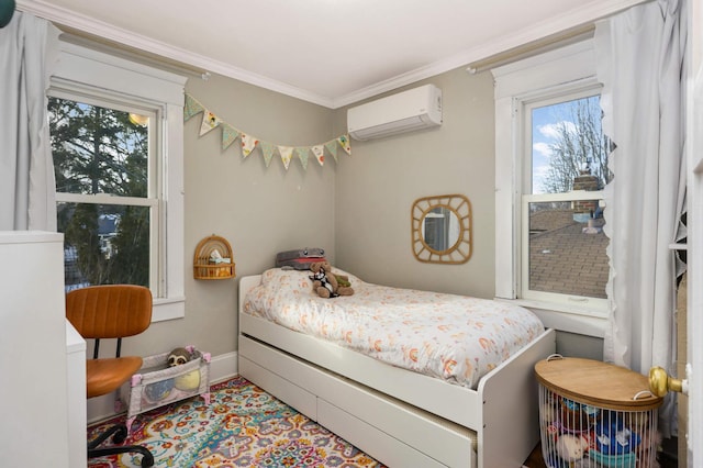 bedroom featuring ornamental molding and a wall unit AC