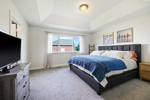 bedroom with a raised ceiling and carpet floors