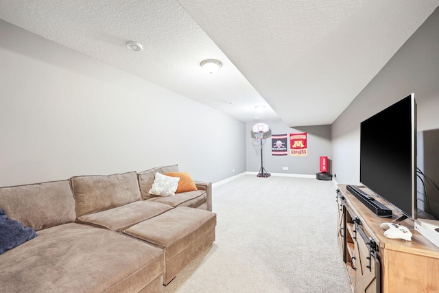 carpeted living room with a textured ceiling