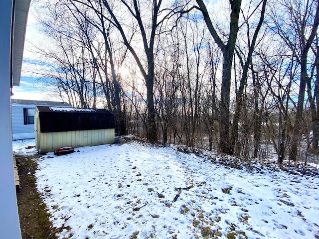 yard layered in snow with a storage unit