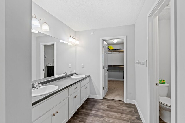 bathroom with vanity, wood-type flooring, a textured ceiling, and toilet