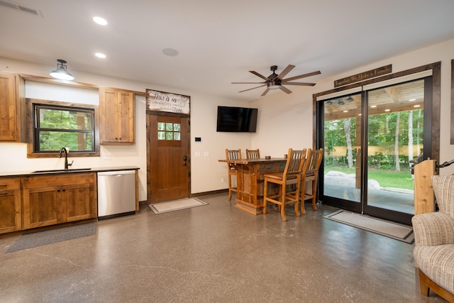 kitchen with sink, dishwasher, a wealth of natural light, and ceiling fan