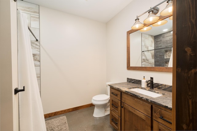 bathroom with curtained shower, toilet, concrete flooring, and vanity