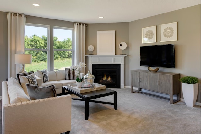 living room featuring light colored carpet