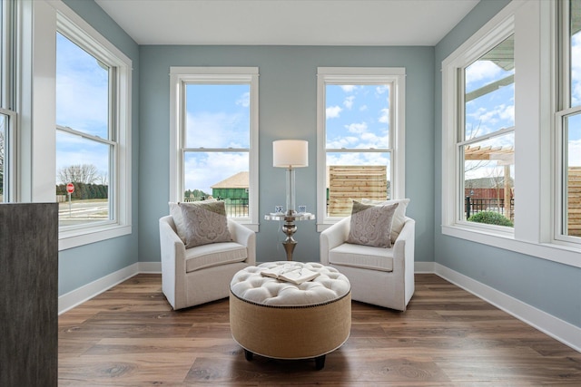 living area featuring a healthy amount of sunlight and dark hardwood / wood-style flooring