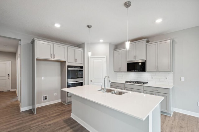 13617 Aulden Ave, Rosemount, MN 55068 - kitchen featuring wood finished floors, a sink, baseboards, decorative backsplash, and appliances with stainless steel finishes
