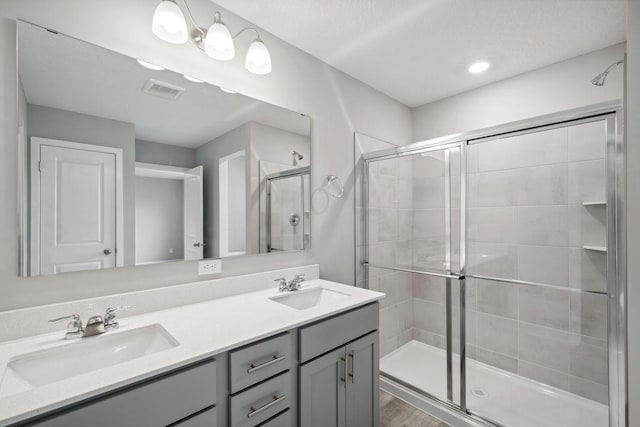 13617 Aulden Ave, Rosemount, MN 55068 - bathroom featuring visible vents, a sink, double vanity, and a stall shower