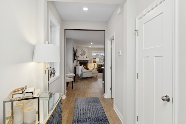 hallway with hardwood / wood-style floors