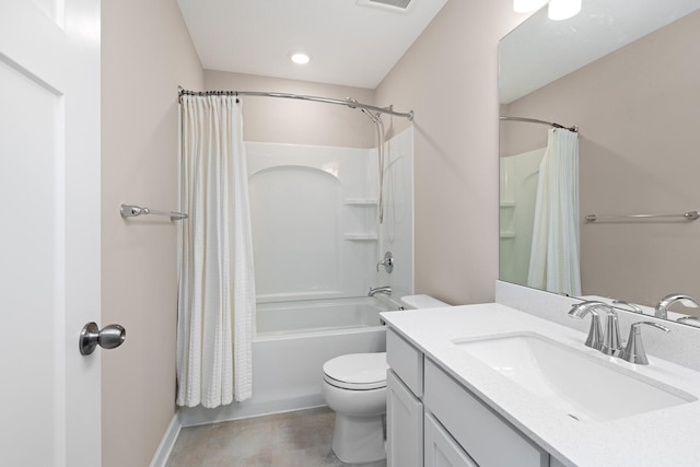 full bathroom with vanity, shower / bath combination with curtain, and toilet