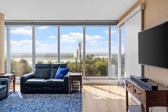 living room featuring expansive windows, a water view, and hardwood / wood-style flooring