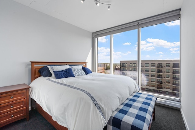 bedroom featuring dark colored carpet