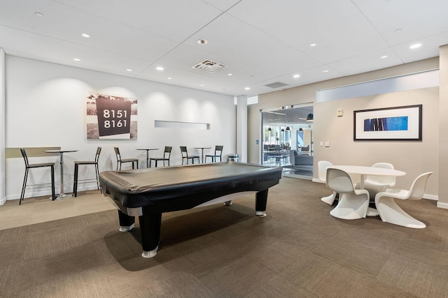 game room featuring carpet flooring and billiards