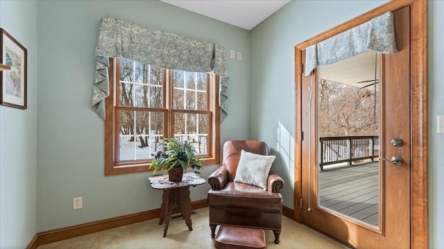 sitting room with carpet floors and baseboards