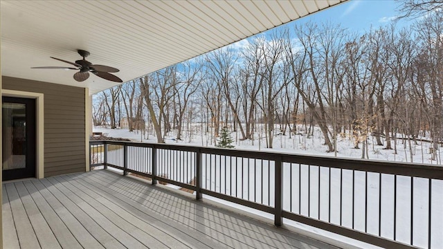 snow covered deck featuring a ceiling fan