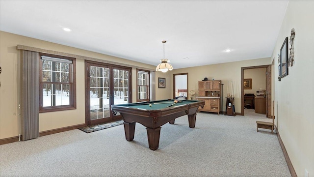 playroom with light carpet, french doors, recessed lighting, and baseboards