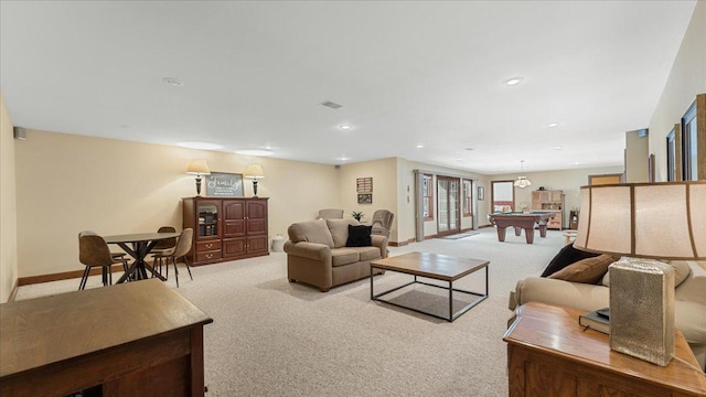 living area with pool table, light carpet, baseboards, and recessed lighting