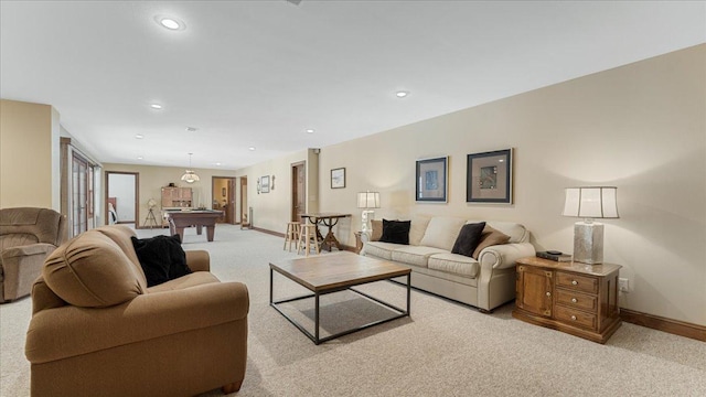 living room with baseboards, recessed lighting, billiards, and light colored carpet