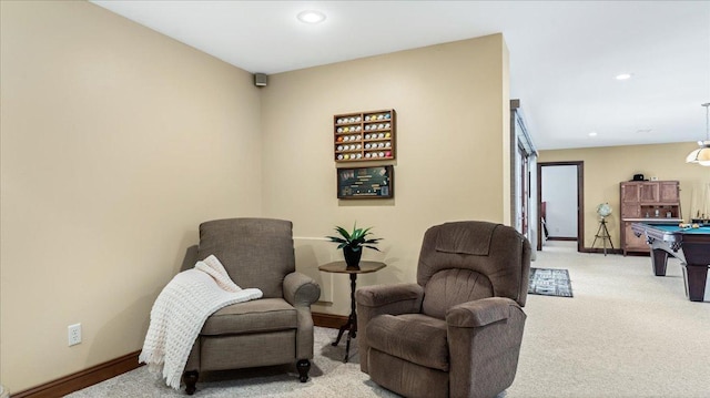 sitting room featuring light carpet, recessed lighting, billiards, and baseboards