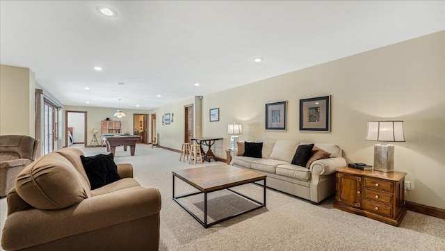 living area featuring light colored carpet, pool table, baseboards, and recessed lighting