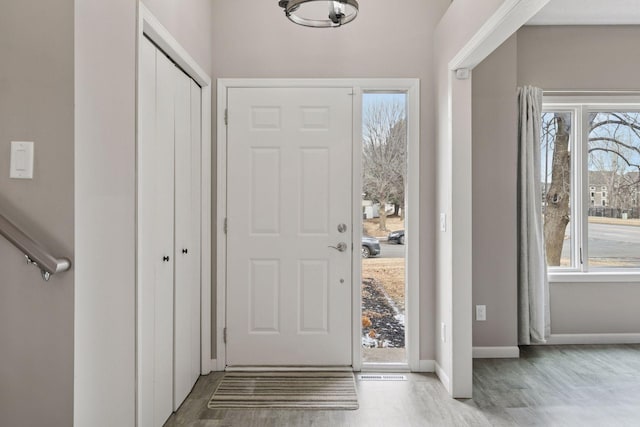 entrance foyer with baseboards, wood finished floors, and a healthy amount of sunlight