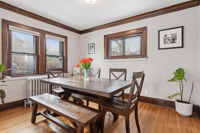 dining space featuring ornamental molding, radiator, and light hardwood / wood-style flooring