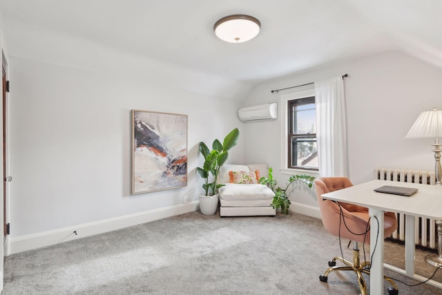 carpeted home office featuring radiator heating unit, a wall mounted AC, and vaulted ceiling