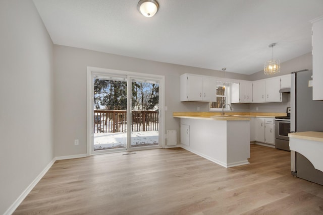 kitchen featuring sink, hanging light fixtures, electric range, kitchen peninsula, and white cabinets