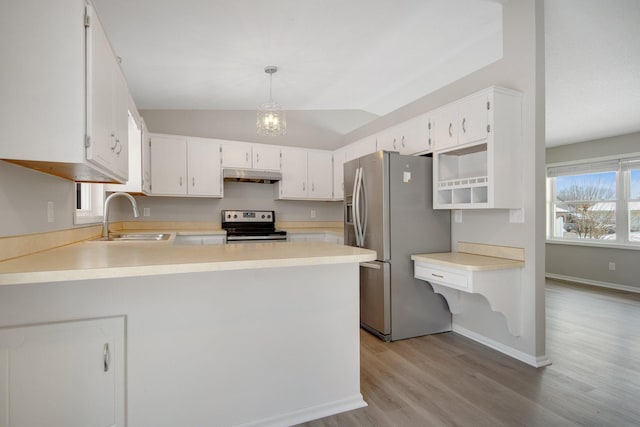 kitchen featuring pendant lighting, white cabinetry, sink, kitchen peninsula, and stainless steel appliances