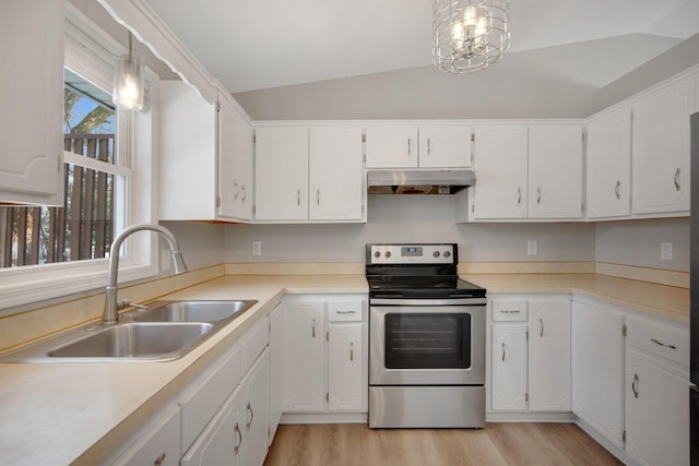 kitchen featuring lofted ceiling, sink, white cabinetry, stainless steel range with electric stovetop, and pendant lighting