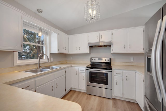 kitchen featuring white cabinetry, appliances with stainless steel finishes, sink, and hanging light fixtures