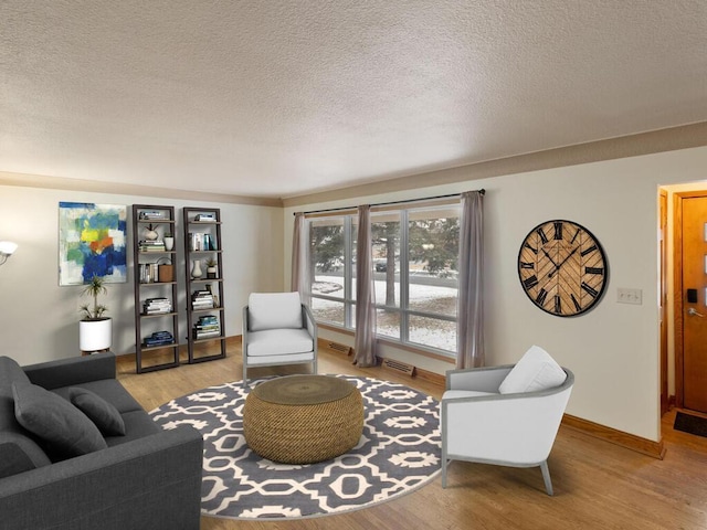 living room with a textured ceiling and light hardwood / wood-style flooring