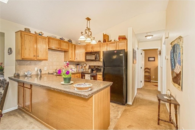 kitchen featuring black appliances, decorative backsplash, decorative light fixtures, kitchen peninsula, and vaulted ceiling