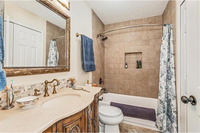 full bathroom featuring toilet, a textured ceiling, tasteful backsplash, vanity, and shower / bathtub combination with curtain