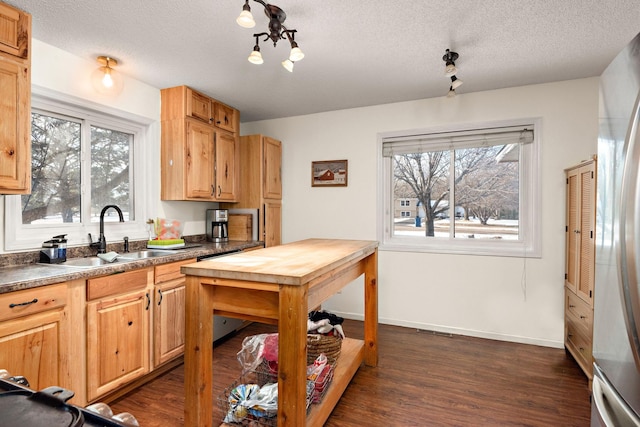 kitchen with refrigerator, light brown cabinetry, sink, dark hardwood / wood-style flooring, and a textured ceiling