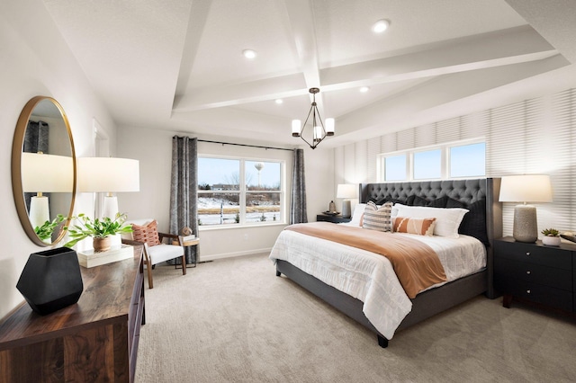 bedroom with coffered ceiling, beamed ceiling, and carpet floors