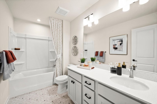 full bathroom with toilet, shower / bathtub combination with curtain, and vanity