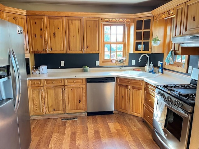 kitchen with sink, stainless steel appliances, and light wood-type flooring